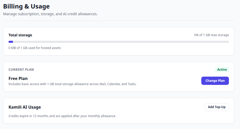 Example Billing & Usage view with Kamili AI usage and top-up access