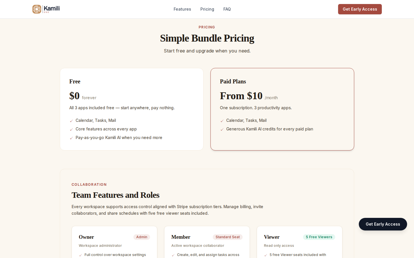 Kamili One public pricing page showing available plans