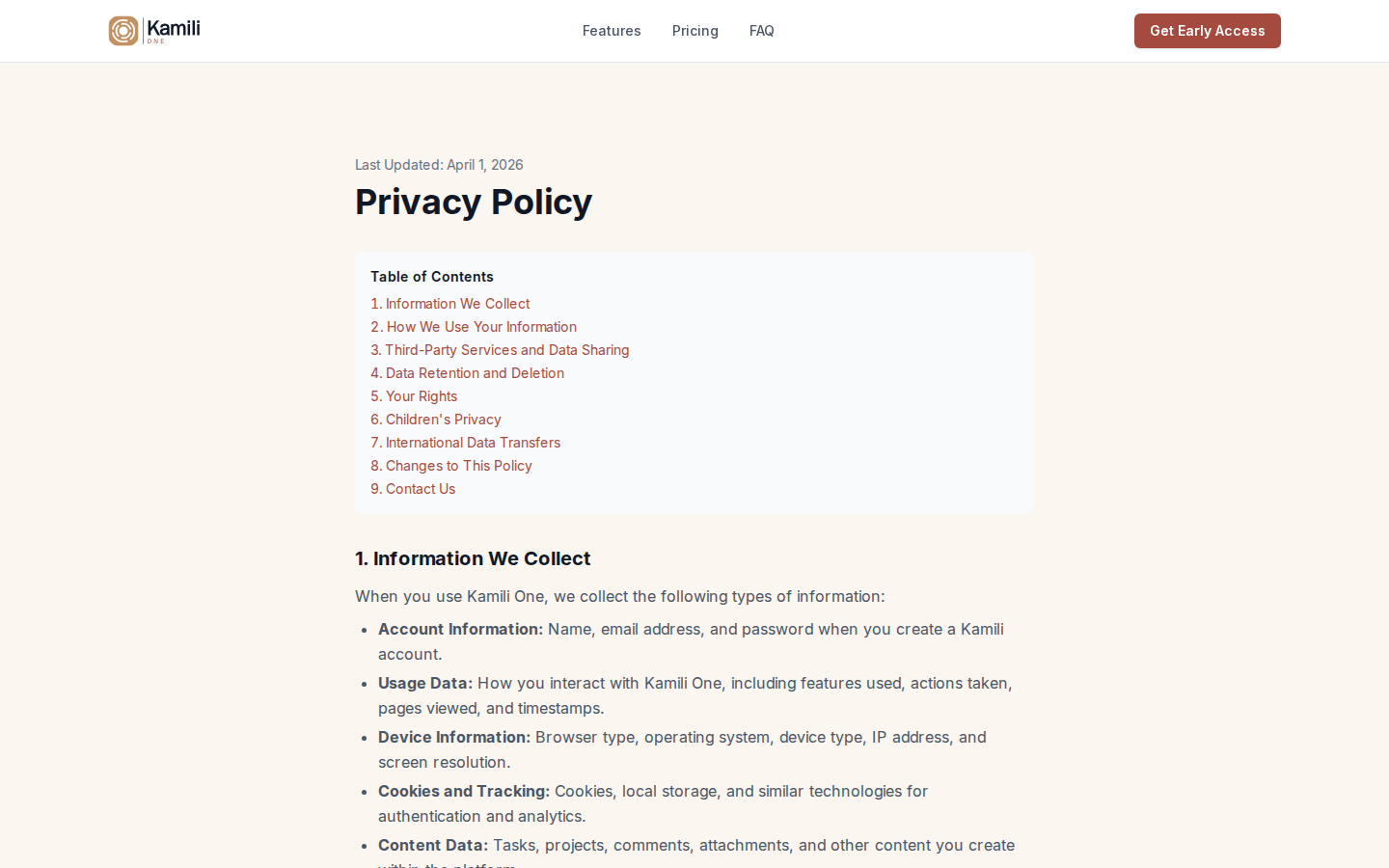 Kamili One public privacy policy page
