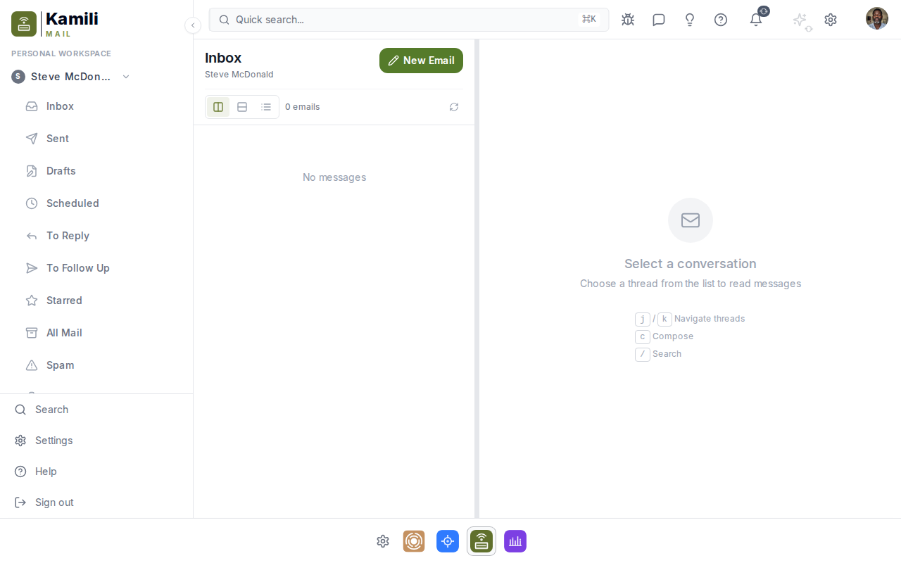 Unified Mail inbox showing message threads, folder sidebar, and reading pane