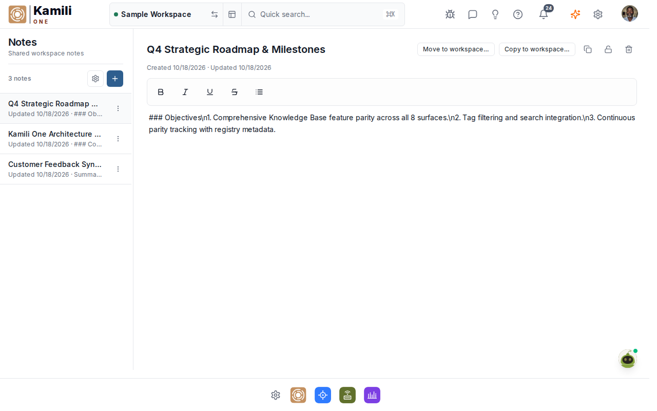 Editing workspace notes with rich text formatting and sidebar navigation