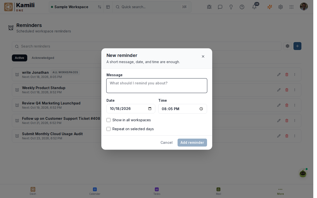 Creating a scheduled reminder with recurrence and workspace visibility