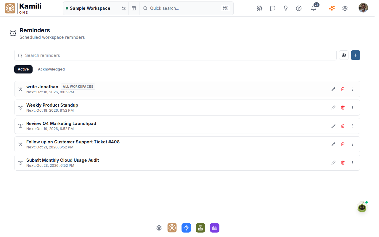 Viewing scheduled workspace reminders with active and acknowledged tabs