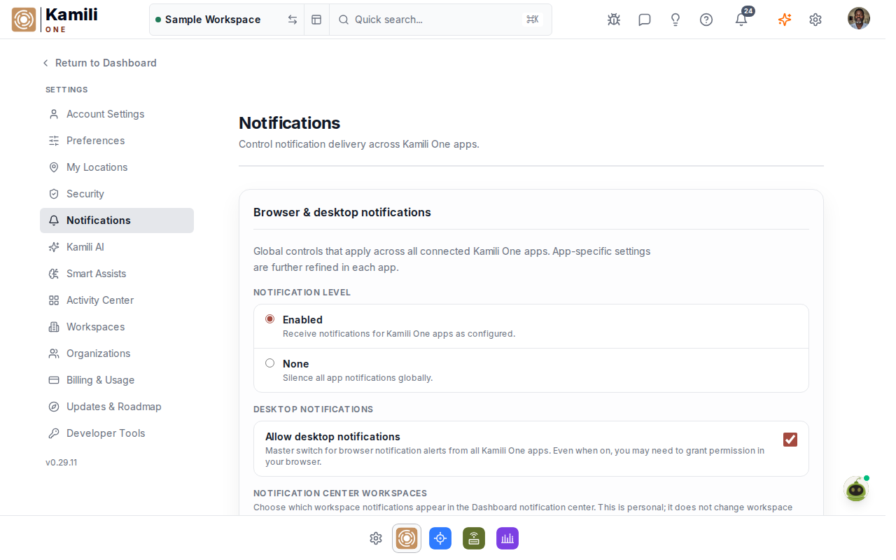 Example Notifications settings with global delivery controls