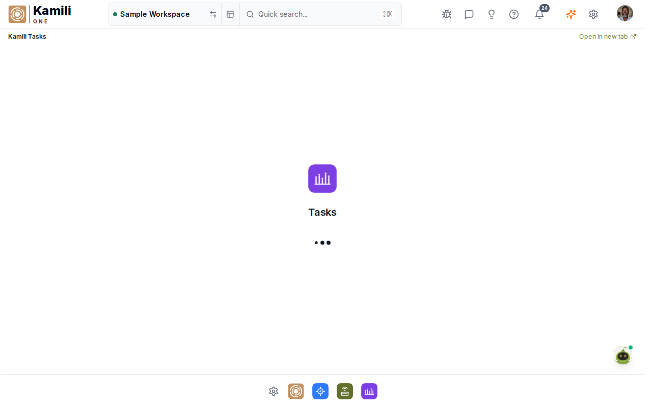 Kamili One Tasks board with workflow columns and card details