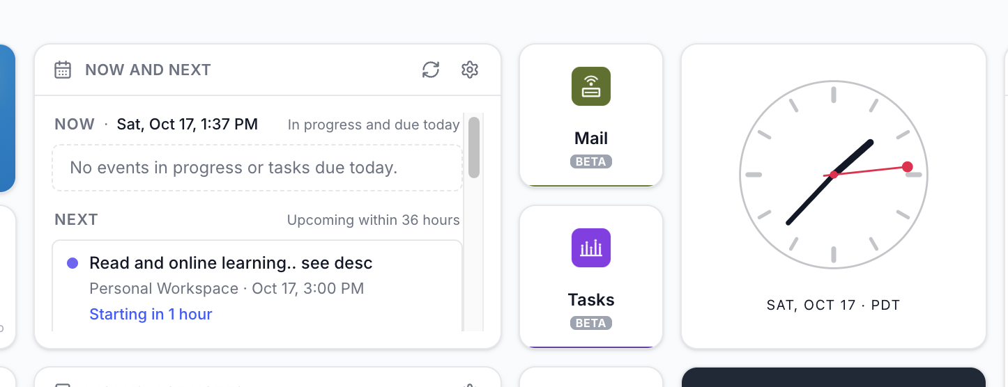 Now and Next beside Mail, Tasks, and the clock on the Kamili One Dashboard